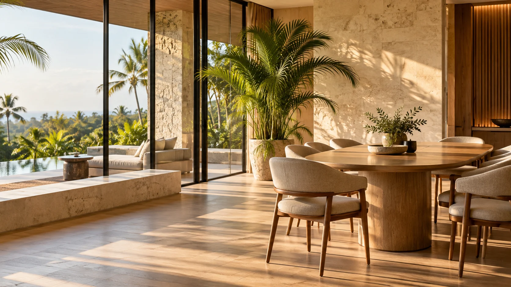 A sunlit contemporary business lounge with tropical greenery